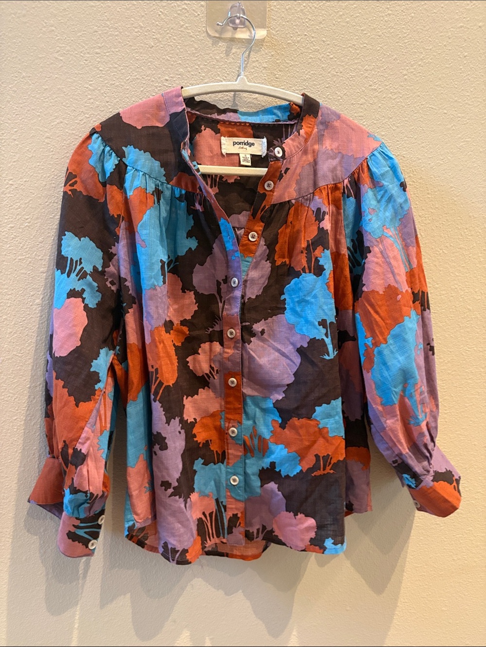Porridge by Anthropologie Floral Button-Front Puff Sleeve Top in Multi-Color